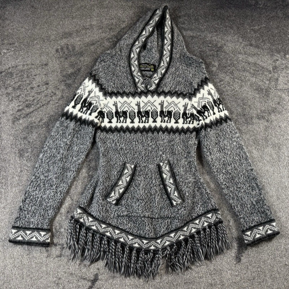 Native Crafts 100%‎ Alpaca Hoodie Tunic Sweater Gray Black Llama Peruvian XS-SM